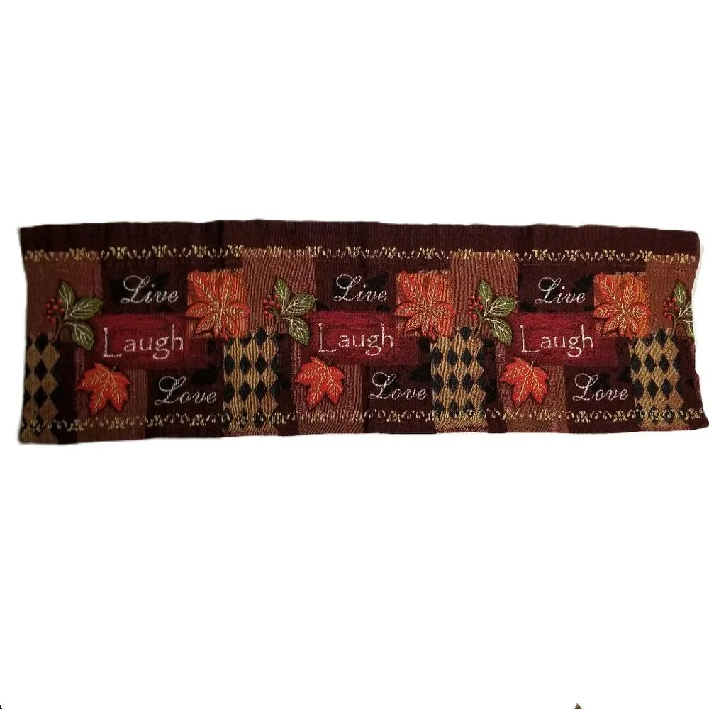 Live Laugh Love Valance Set of 3 Burgundy Brown Leaves Tapestry Curtains